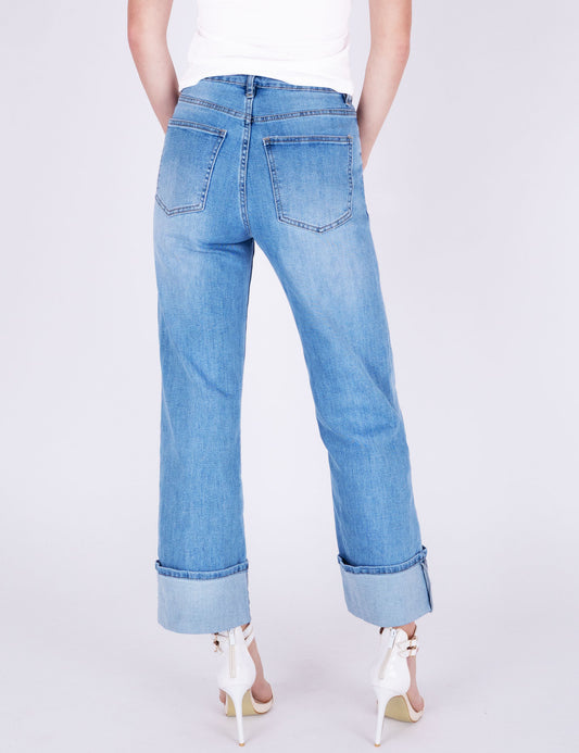 Fraternel Damen Ankle Jeans Regular Fit – Wide Straight Flared Denim mit Umschlag, Mid Waist H111