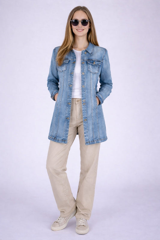 Fraternel Damen Jeansmantel in Hellblau mit Stretch und Used-Waschung J010