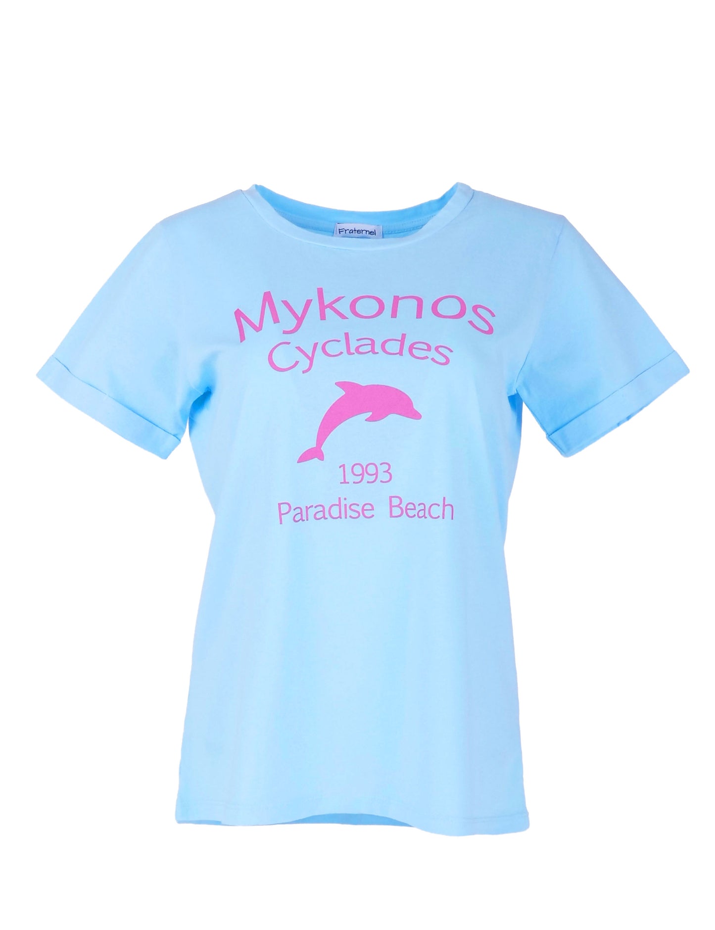 Fraternel Damen T-Shirt Mykonos Print, Printshirt mit Delfin Motiv und sommerlichem Mittelmeer Flair T003