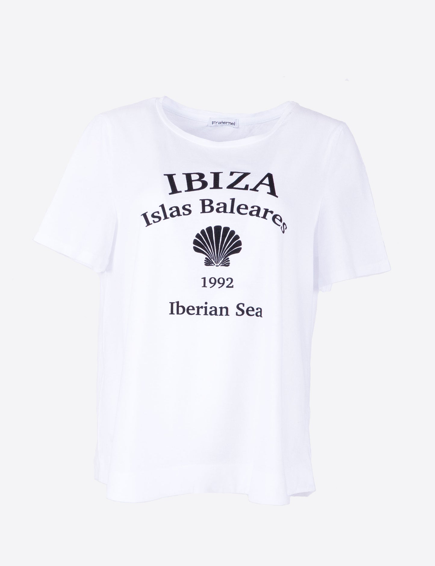 Fraternel Damen Ibiza Print T-Shirt – Lockeres Boho Hippie Shirt mit Muschel Print, Sommerliches Loose Fit Baumwollshirt T004
