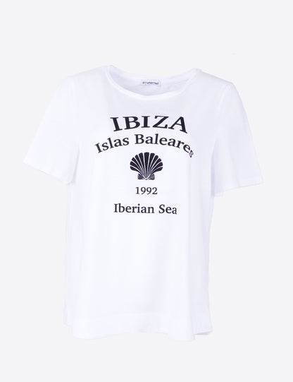 Fraternel Damen Ibiza Print T-Shirt – Lockeres Boho Hippie Shirt mit Muschel Print, Sommerliches Loose Fit Baumwollshirt T004