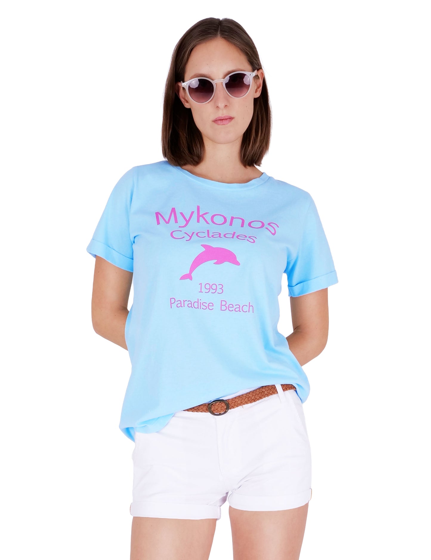 Fraternel Damen T-Shirt Mykonos Print, Printshirt mit Delfin Motiv und sommerlichem Mittelmeer Flair T003