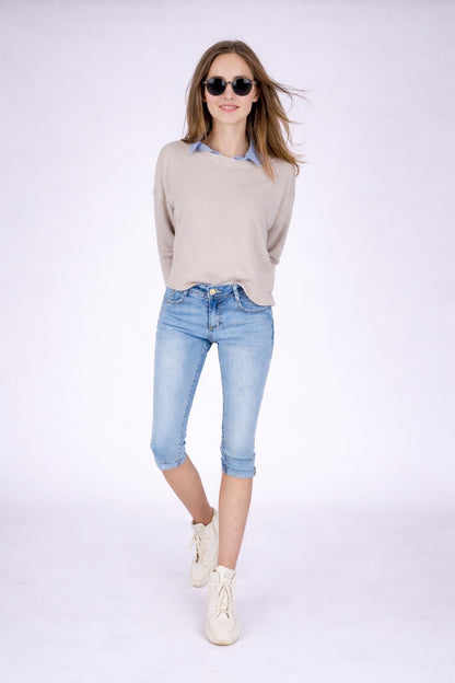 Fraternel Capri-Jeans Damen Knie¬lang Used-Look Stretch Five-Pocket Hellblau H088
