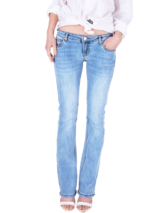 Fraternel Damen Low Waist Bootcut Jeans Denim Blue Five Pocket Used Waschung H109