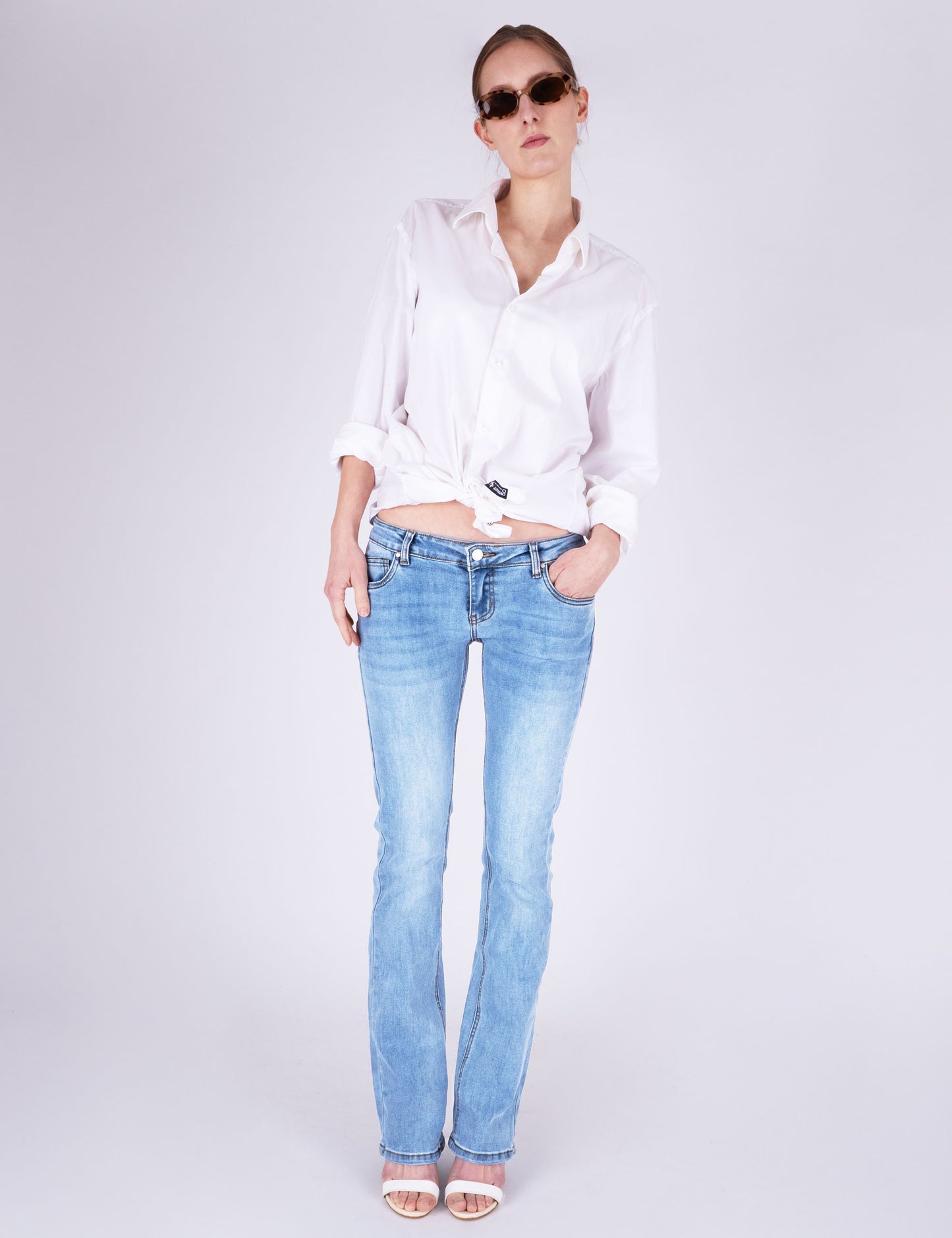 Fraternel Damen Low Waist Bootcut Jeans Denim Blue Five Pocket Used Waschung H109