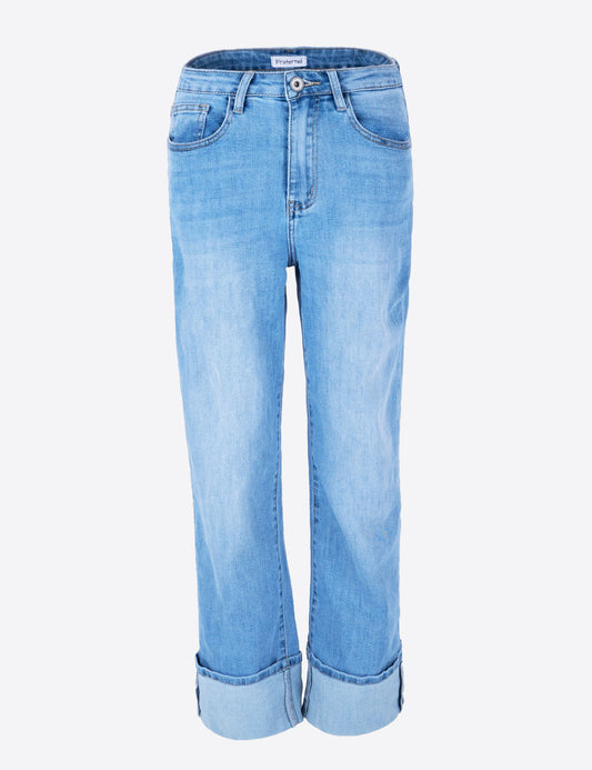 Fraternel Damen Ankle Jeans Regular Fit – Wide Straight Flared Denim mit Umschlag, Mid Waist H111