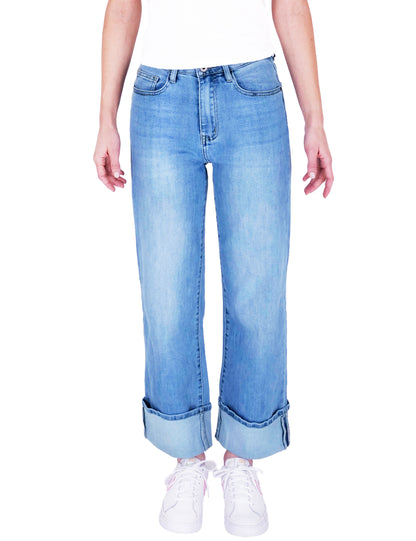 Fraternel Damen Ankle Jeans Regular Fit – Wide Straight Flared Denim mit Umschlag, Mid Waist H111