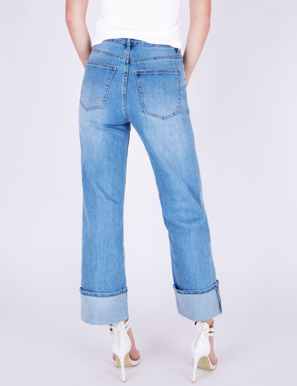 Fraternel Damen Ankle Jeans Regular Fit – Wide Straight Flared Denim mit Umschlag, Mid Waist H111