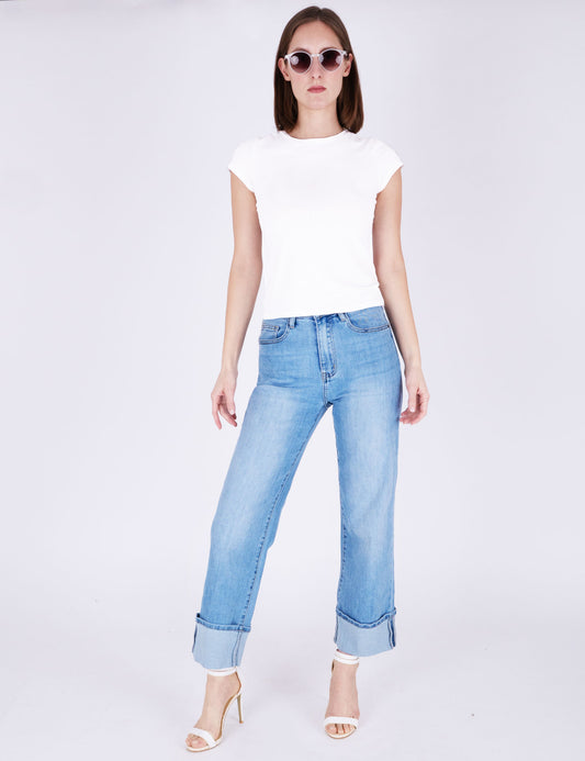 Fraternel Damen Ankle Jeans Regular Fit – Wide Straight Flared Denim mit Umschlag, Mid Waist H111