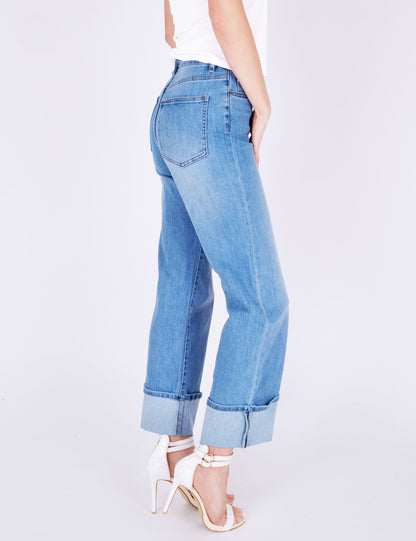 Fraternel Damen Ankle Jeans Regular Fit – Wide Straight Flared Denim mit Umschlag, Mid Waist H111