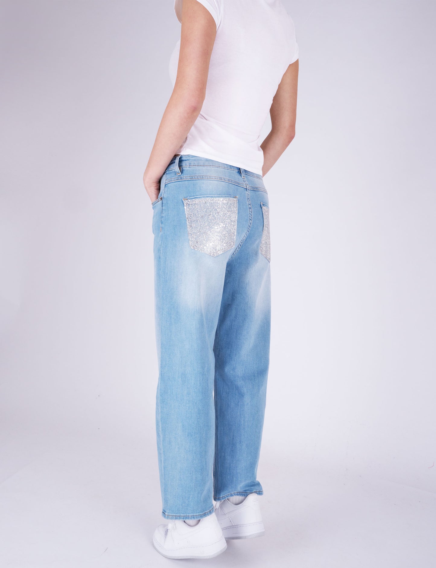 Fraternel Damen Designer Jeans Loose Fit Glam Jeans Pailetten Look  Stretch Bequeme Passform H117