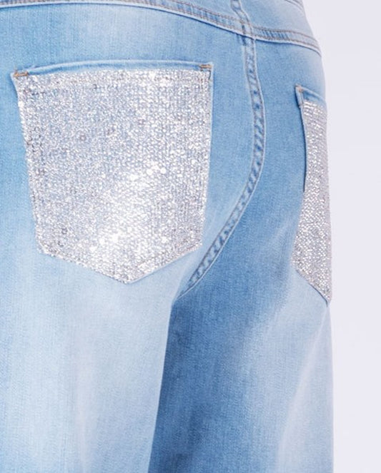 Fraternel Damen Designer Jeans Loose Fit Glam Jeans Pailetten Look Stretch Bequeme Passform H117