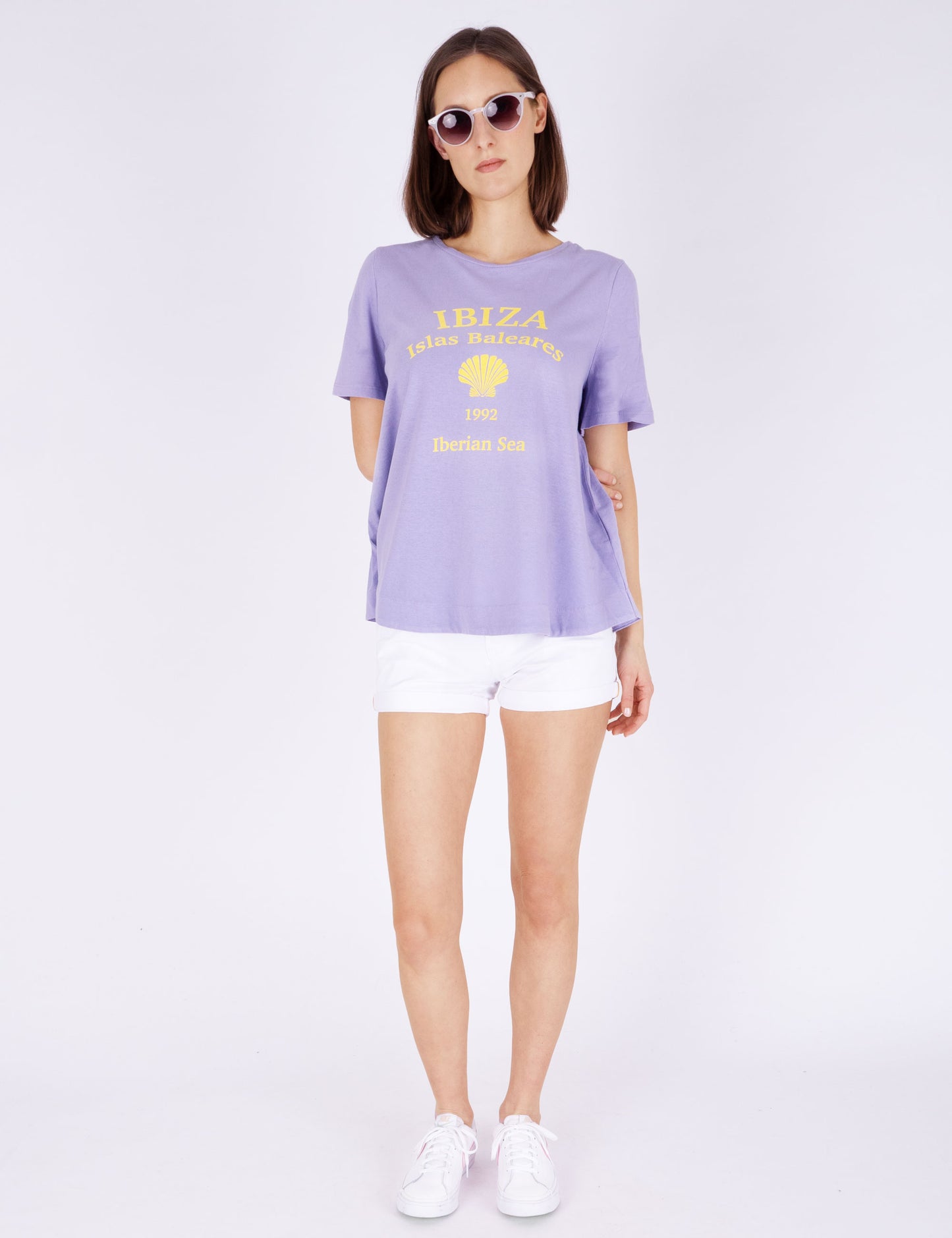 Fraternel Damen Ibiza Print T-Shirt – Lockeres Boho Hippie Shirt mit Muschel Print, Sommerliches Loose Fit Baumwollshirt T004
