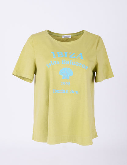 Fraternel Damen Ibiza Print T-Shirt – Lockeres Boho Hippie Shirt mit Muschel Print, Sommerliches Loose Fit Baumwollshirt T004