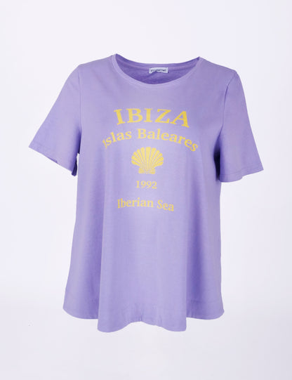 Fraternel Damen Ibiza Print T-Shirt – Lockeres Boho Hippie Shirt mit Muschel Print, Sommerliches Loose Fit Baumwollshirt T004