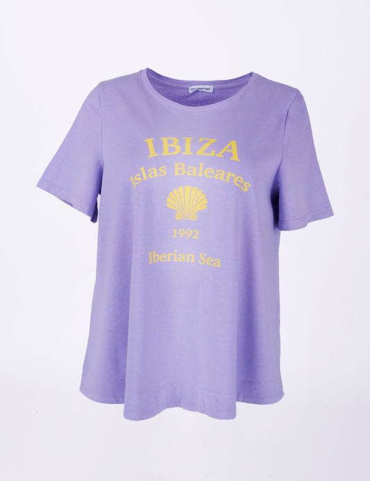 Fraternel Damen Ibiza Print T-Shirt – Lockeres Boho Hippie Shirt mit Muschel Print, Sommerliches Loose Fit Baumwollshirt T004