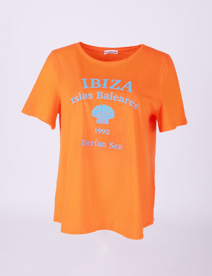 Fraternel Damen Ibiza Print T-Shirt – Lockeres Boho Hippie Shirt mit Muschel Print, Sommerliches Loose Fit Baumwollshirt T004