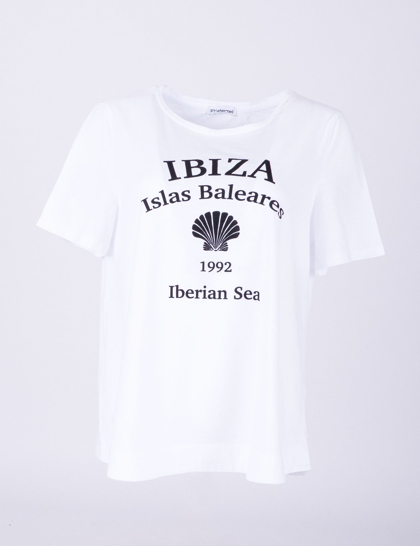 Fraternel Damen Ibiza Print T-Shirt – Lockeres Boho Hippie Shirt mit Muschel Print, Sommerliches Loose Fit Baumwollshirt T004