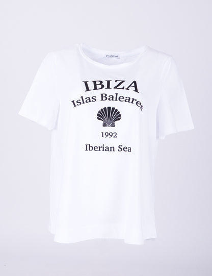 Fraternel Damen Ibiza Print T-Shirt – Lockeres Boho Hippie Shirt mit Muschel Print, Sommerliches Loose Fit Baumwollshirt T004