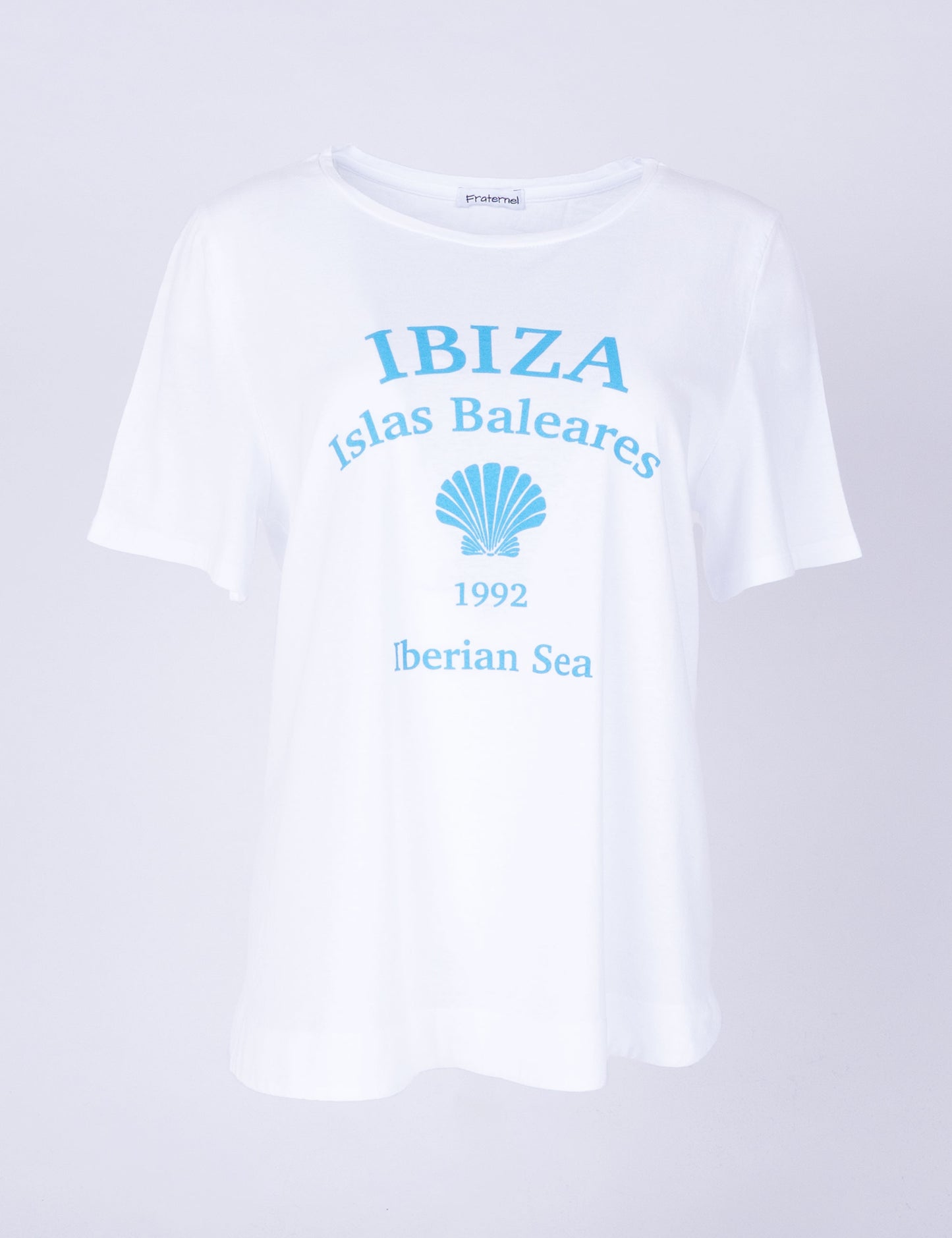 Fraternel Damen Ibiza Print T-Shirt – Lockeres Boho Hippie Shirt mit Muschel Print, Sommerliches Loose Fit Baumwollshirt T004