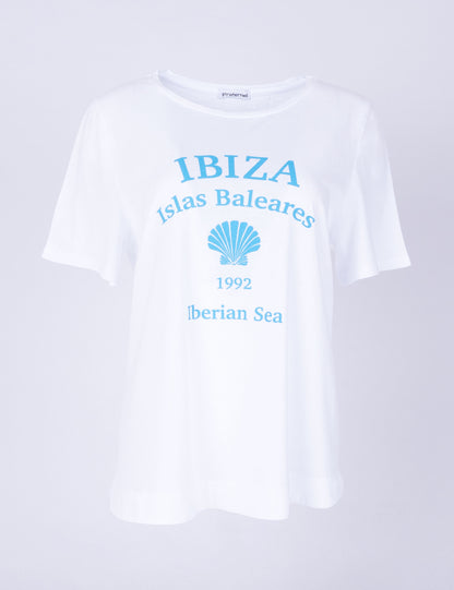 Fraternel Damen Ibiza Print T-Shirt – Lockeres Boho Hippie Shirt mit Muschel Print, Sommerliches Loose Fit Baumwollshirt T004