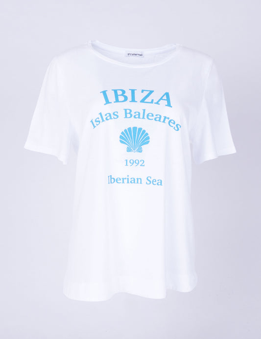 Fraternel Damen Ibiza Print T-Shirt – Lockeres Boho Hippie Shirt mit Muschel Print, Sommerliches Loose Fit Baumwollshirt T004