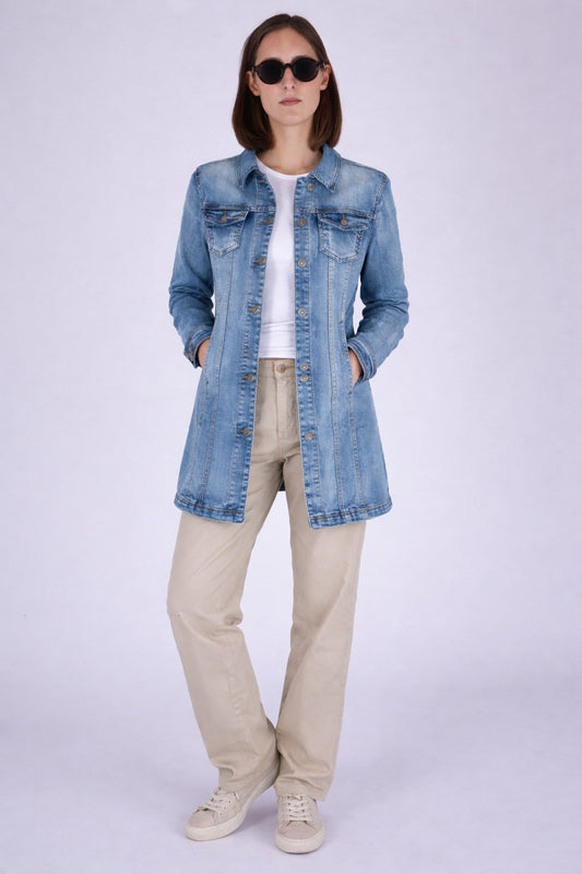 Fraternel Damen Jeansmantel in Hellblau mit Stretch und Used-Waschung J010