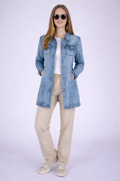 Fraternel Damen Jeansmantel in Hellblau mit Stretch und Used-Waschung J010