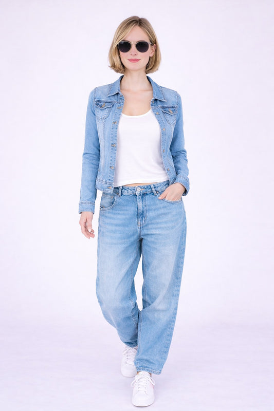 Fraternel Damen Jeansjacke, Taillierte Stretch Denim Jacket mit Knopfleiste, Brust- & Seitentaschen, Casual Used Look J011