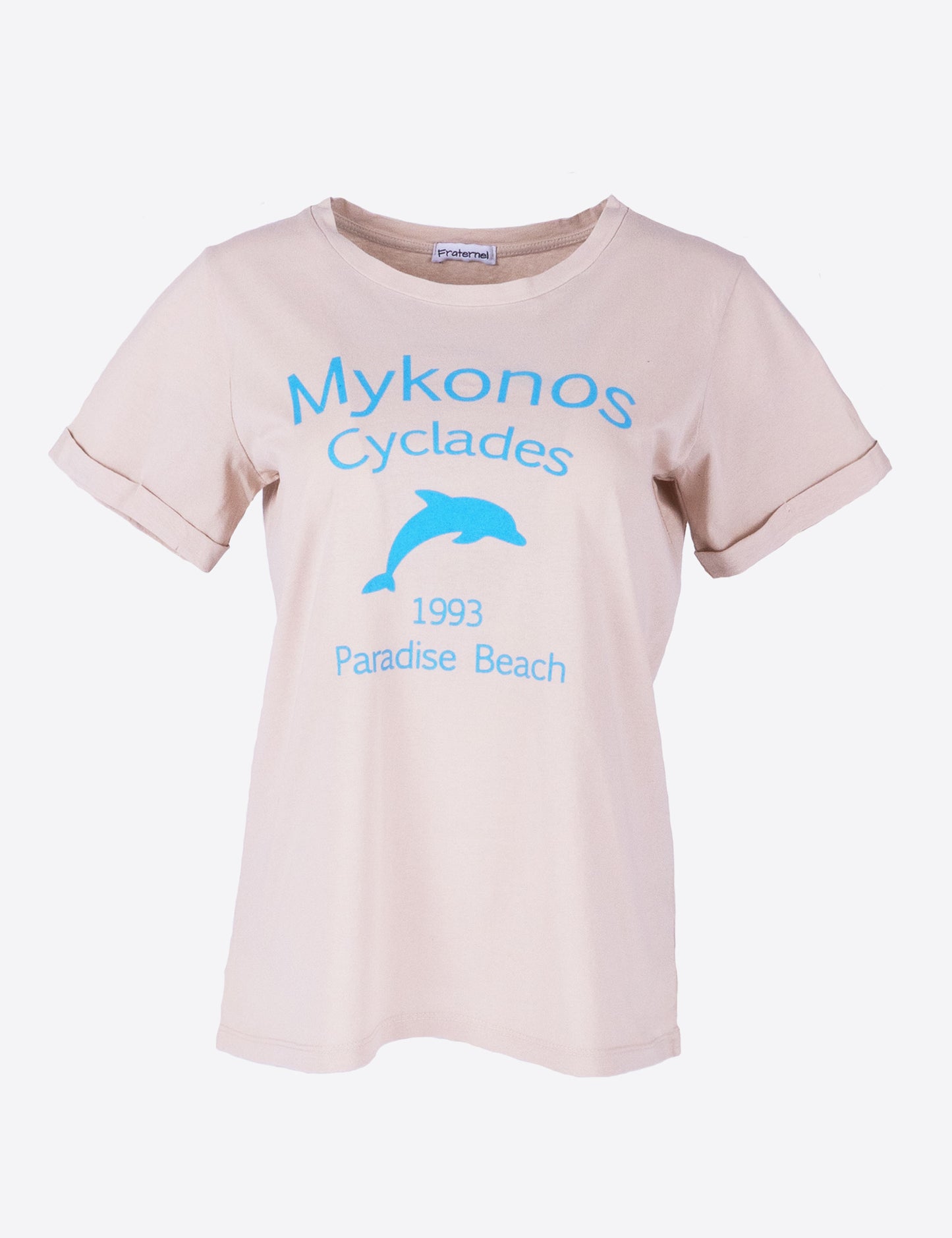 Fraternel Damen T-Shirt Mykonos Print, Printshirt mit Delfin Motiv und sommerlichem Mittelmeer Flair T003