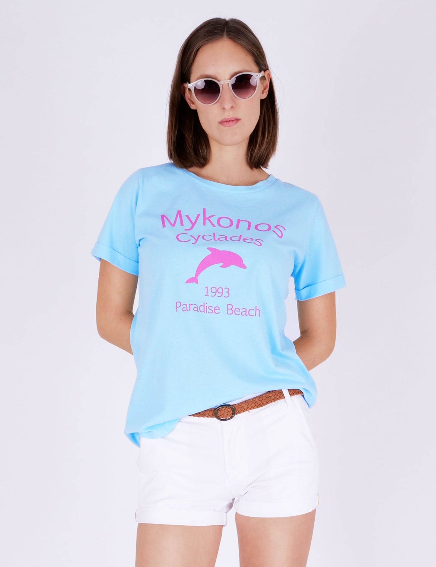 Fraternel Damen T-Shirt Mykonos Print, Printshirt mit Delfin Motiv und sommerlichem Mittelmeer Flair T003