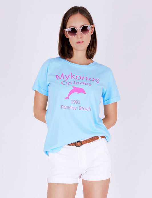 Fraternel Damen T-Shirt Mykonos Print, Printshirt mit Delfin Motiv und sommerlichem Mittelmeer Flair T003