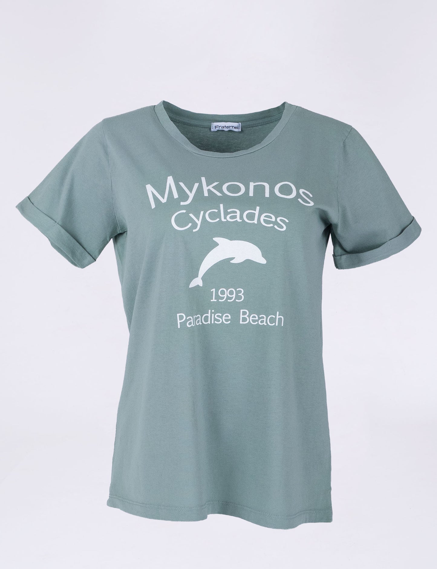 Fraternel Damen T-Shirt Mykonos Print, Printshirt mit Delfin Motiv und sommerlichem Mittelmeer Flair T003