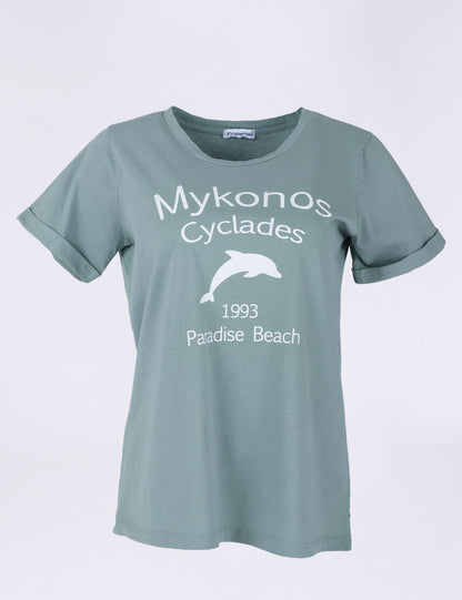 Fraternel Damen T-Shirt Mykonos Print, Printshirt mit Delfin Motiv und sommerlichem Mittelmeer Flair T003