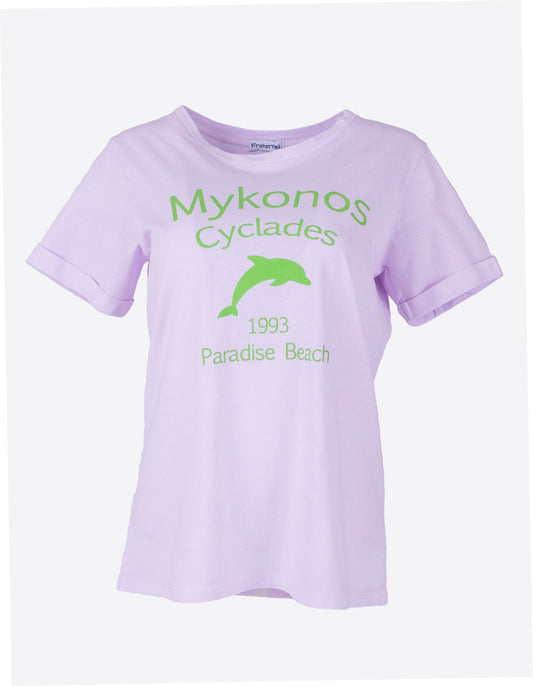 Fraternel Damen T-Shirt Mykonos Print, Printshirt mit Delfin Motiv und sommerlichem Mittelmeer Flair T003