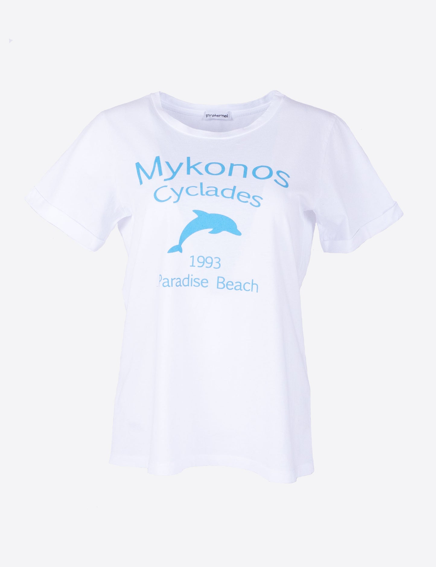 Fraternel Damen T-Shirt Mykonos Print, Printshirt mit Delfin Motiv und sommerlichem Mittelmeer Flair T003