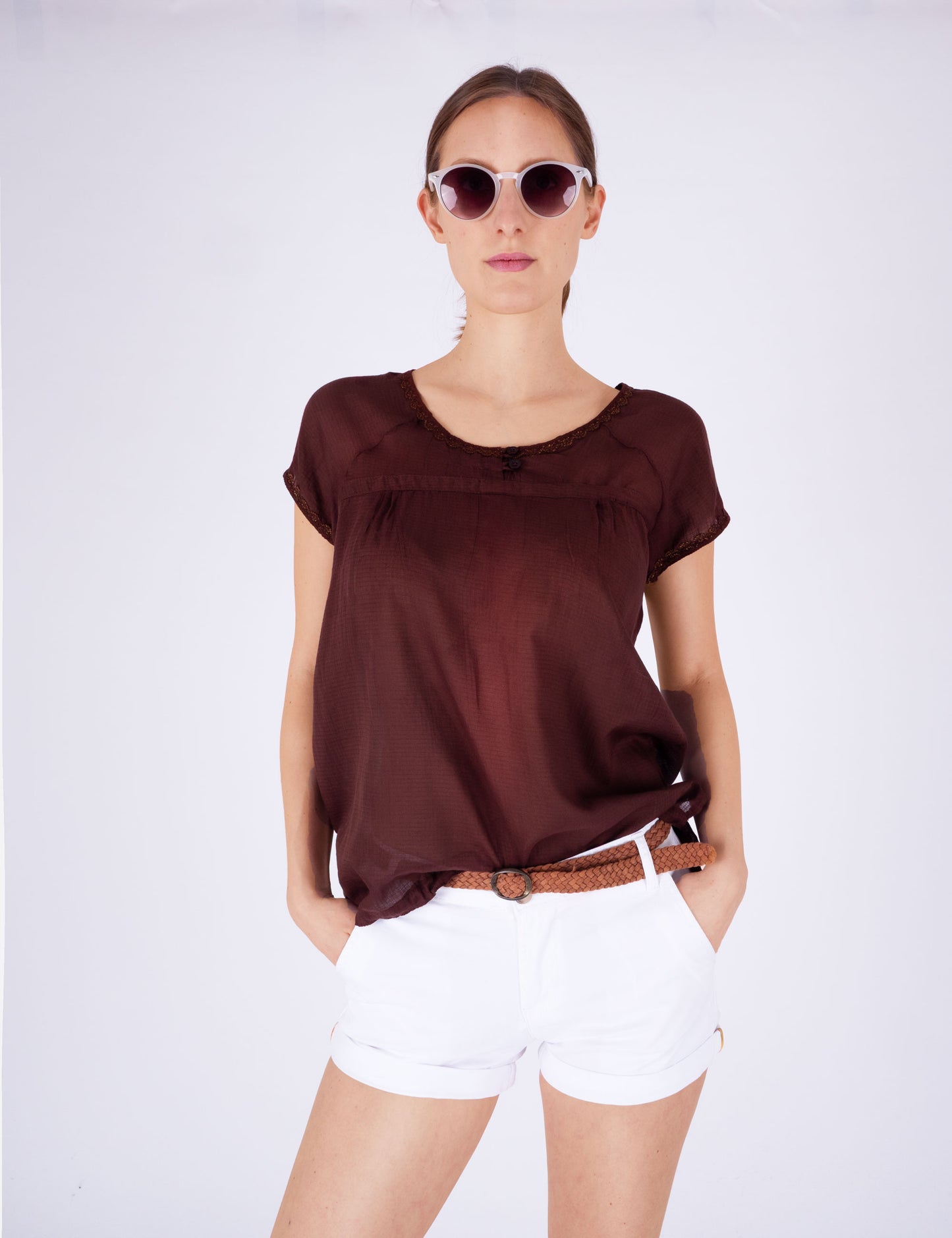 Fraternel Leichtes Damen Blusenshirt Sommerlich Luftig Rundhals Kurzarm Femininer Schnitt T002