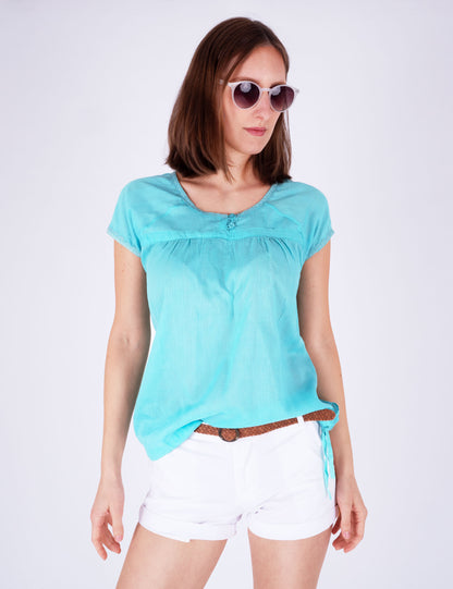 Fraternel Leichtes Damen Blusenshirt Sommerlich Luftig Rundhals Kurzarm Femininer Schnitt T002