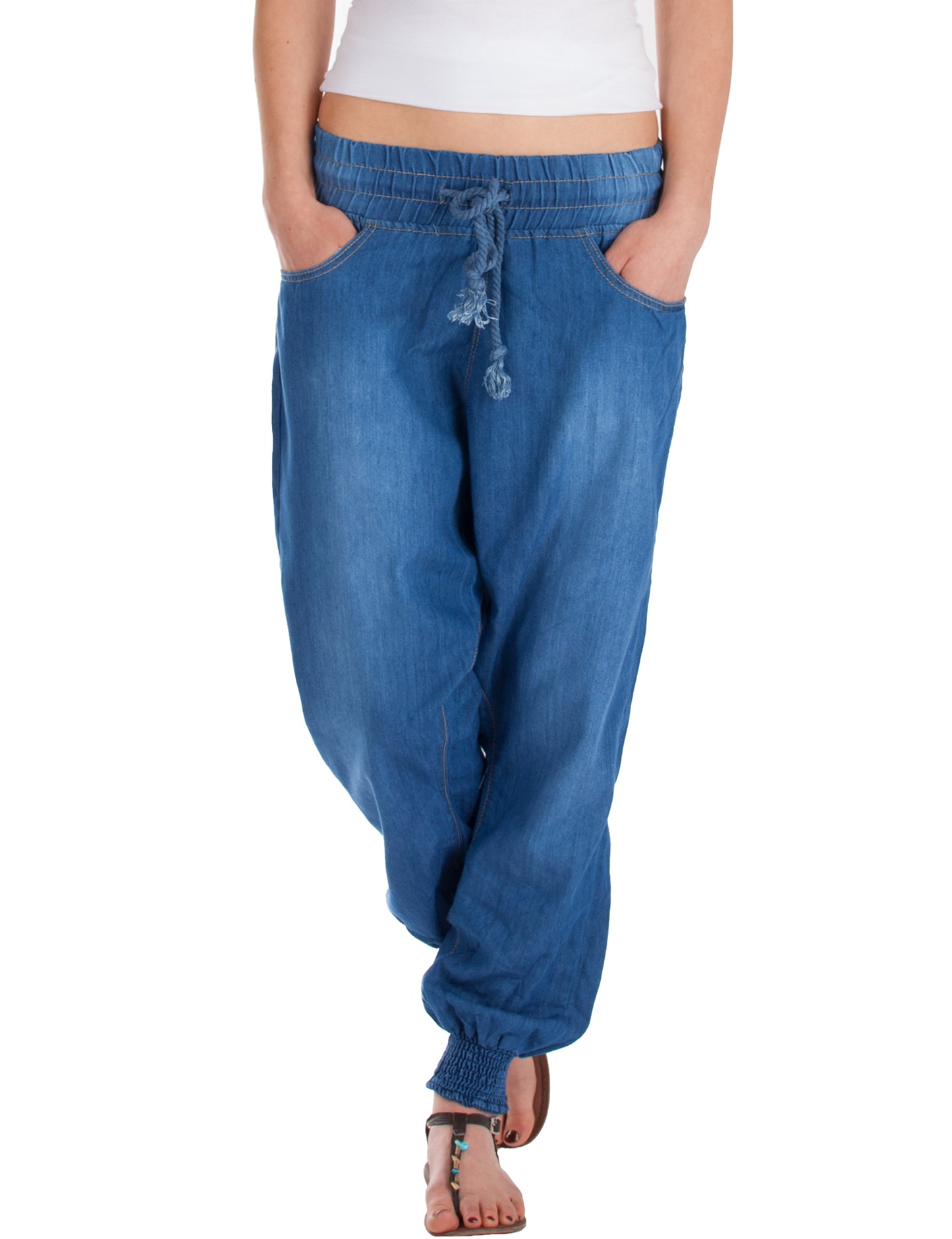 Fraternel Damen Jeans Stoffhose Baggy Pluderhose Haremshose Sarouel H046