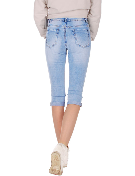 Fraternel Capri-Jeans Damen Knie¬lang Used-Look Stretch Five-Pocket Hellblau H088