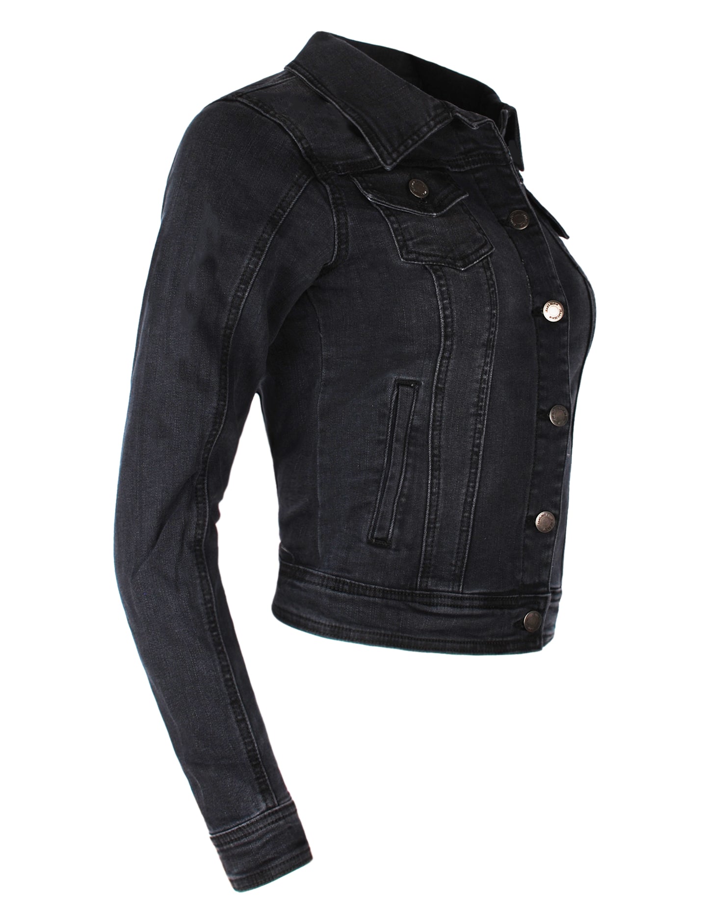 Fraternel Damen Jeansjacke, Taillierte Stretch Denim Jacket mit Knopfleiste, Brust- & Seitentaschen, Casual Used Look J011