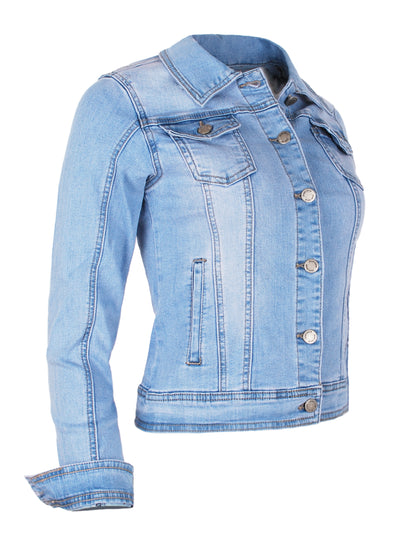 Fraternel Damen Jeansjacke, Taillierte Stretch Denim Jacket mit Knopfleiste, Brust- & Seitentaschen, Casual Used Look J011