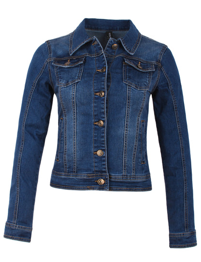 Fraternel Damen Jeansjacke, Taillierte Stretch Denim Jacket mit Knopfleiste, Brust- & Seitentaschen, Casual Used Look J011