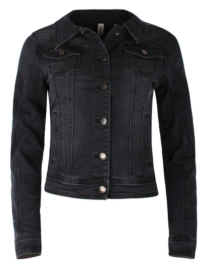 Fraternel Damen Jeansjacke, Taillierte Stretch Denim Jacket mit Knopfleiste, Brust- & Seitentaschen, Casual Used Look J011