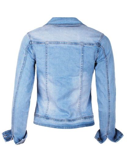 Fraternel Damen Jeansjacke, Taillierte Stretch Denim Jacket mit Knopfleiste, Brust- & Seitentaschen, Casual Used Look J011