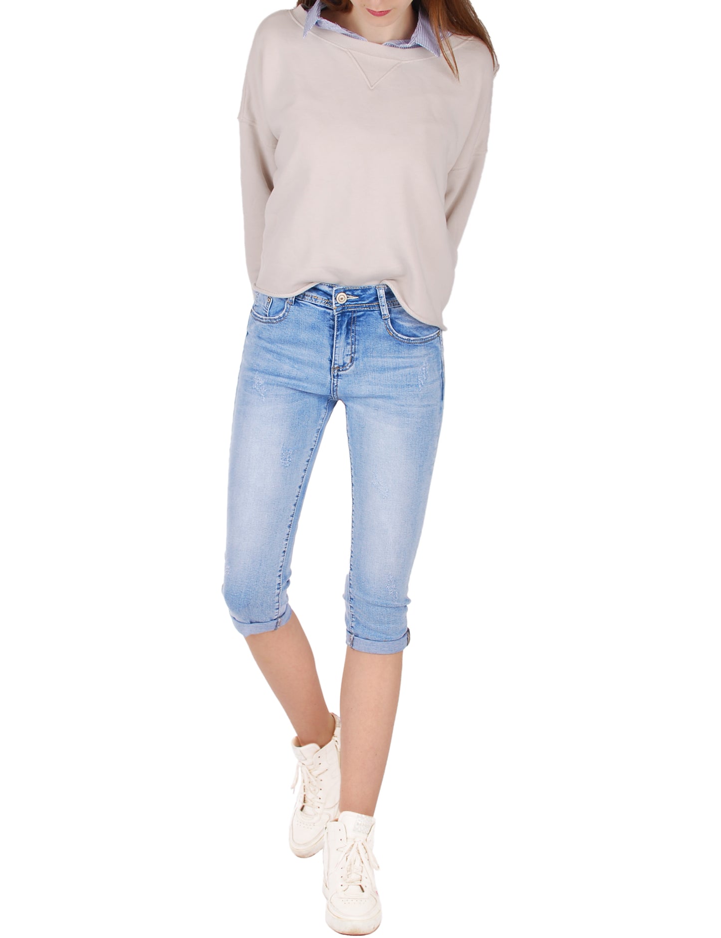 Fraternel Capri-Jeans Damen Knie¬lang Used-Look Stretch Five-Pocket Hellblau H088