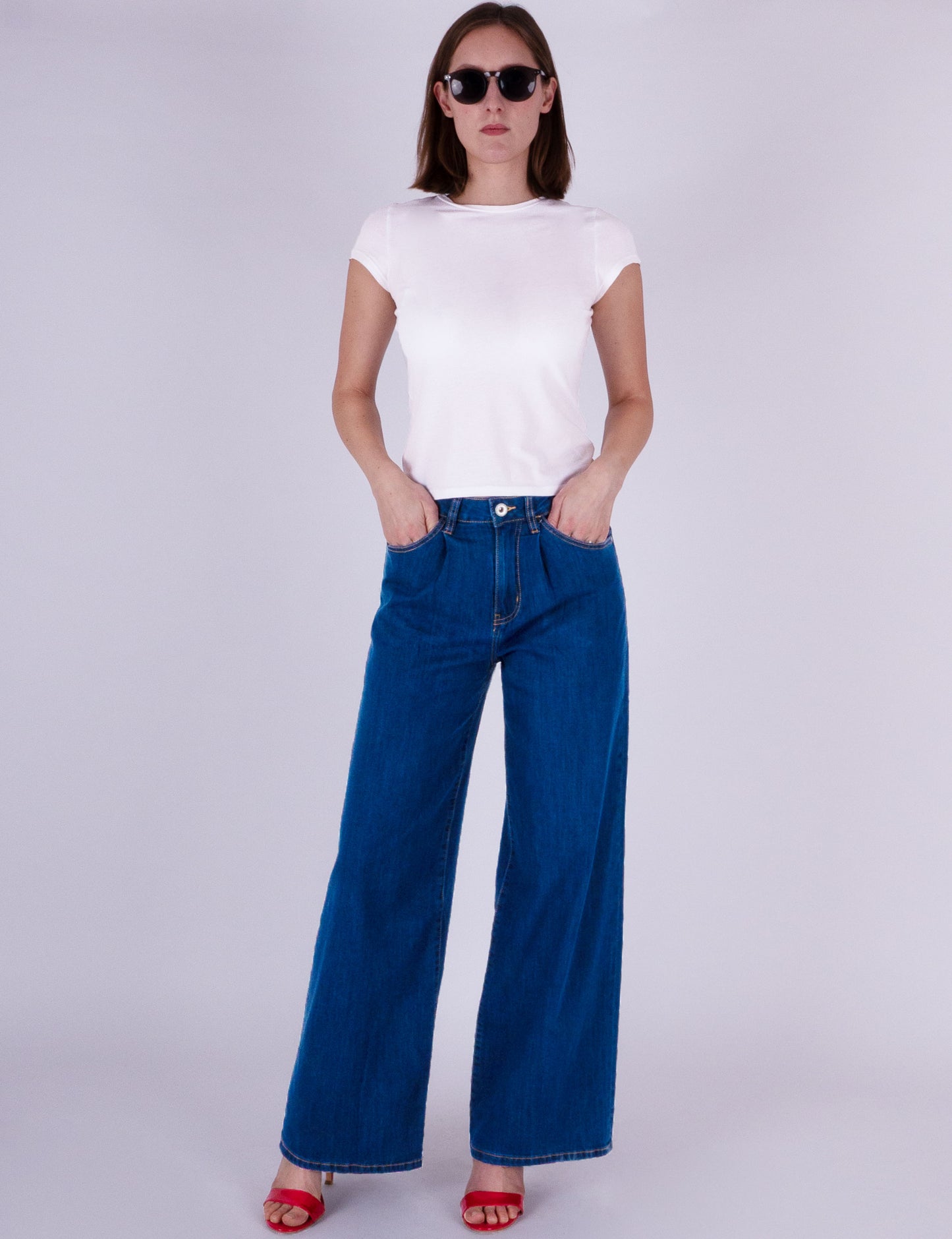 Fraternel Damen Wide Leg Jeans mit Bundfalte, Moderner Relaxed Fit H113