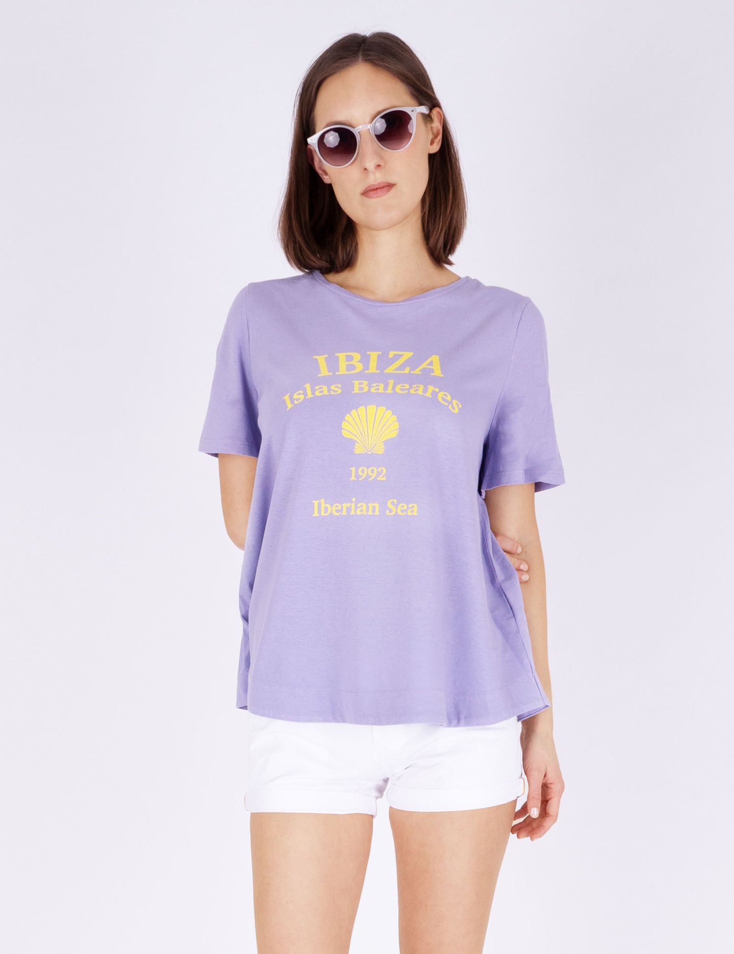 Fraternel Damen Ibiza Print T-Shirt – Lockeres Boho Hippie Shirt mit Muschel Print, Sommerliches Loose Fit Baumwollshirt T004